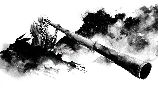 Skeleton blowing telescope surreal black and white artistic illustration