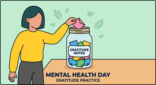 Woman practicing gratitude, putting paper notes with good memories in gratitude jar