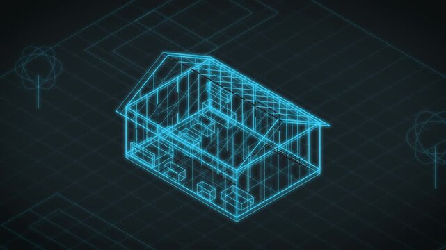 Glowing digital twin of a modern house rotates over a technical grid, revealing rooms and structure in a premium cinematic visual for architecture marketing.