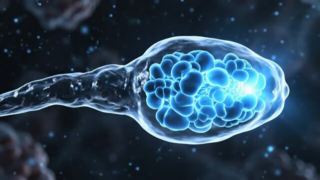 Microscopic view of a transparent sperm cell with a glowing blue nucleus showing genetic material