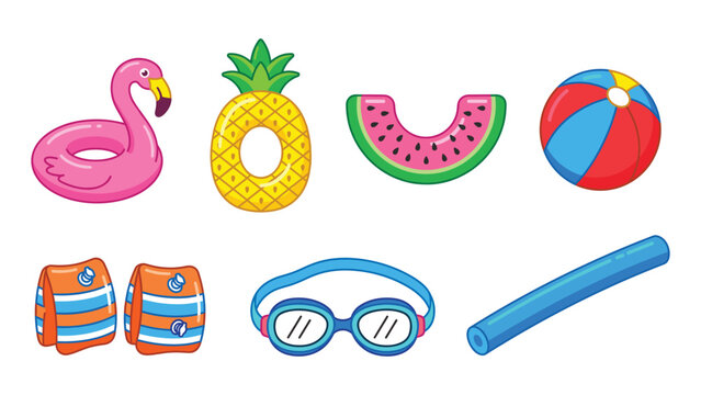 Set of summer pool inflatables and swimming accessories, including a pink flamingo, pineapple, watermelon slice, beach ball, arm floats, goggles, and a blue pool noodle on a white background