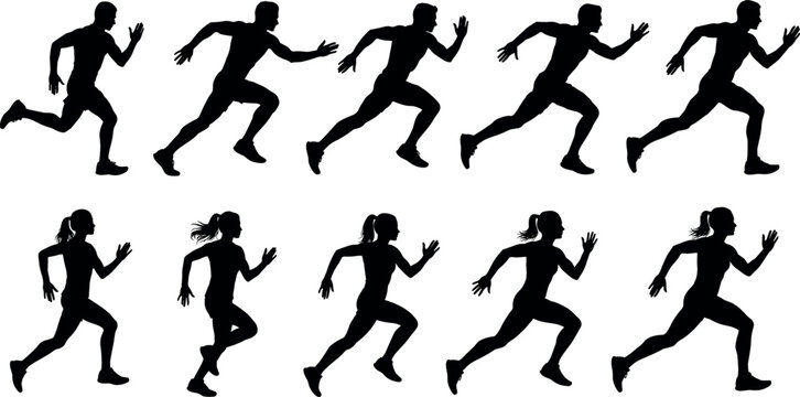Running Man and Woman Silhouette Frame Sequence Set with Dynamic Athletic Sprinter Motion Loops for Sports Animation Fitness Graphic Designs Vector Illustration