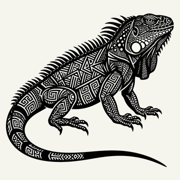 Stylized Iguana Vector Illustration with Intricate Geometric Tribal Patterns for Modern Art and Design