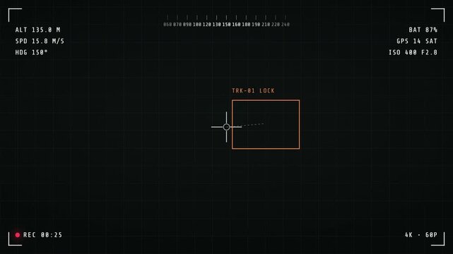 Drone tracking HUD overlay &mdash; clean white cinema hud, aerial surveillance interface seamless loop, 4K