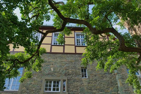 A building with a stone base and yellow half-timbered upper floor is framed by green tree branches - Soest, Westphalia, Germany
