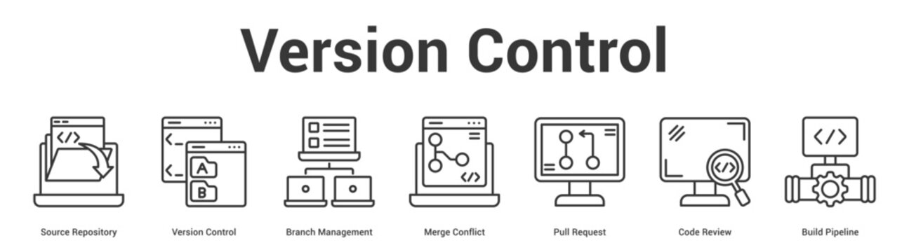Version Control web banner icon set vector illustration concept for business with icon of Source Repository, Version Control, Branch Management, Merge Conflict, Pull Request, Code Revi.