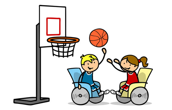 Zwei Kinder im Rollstuhl spielen Baskettball als Inklusion Konzept