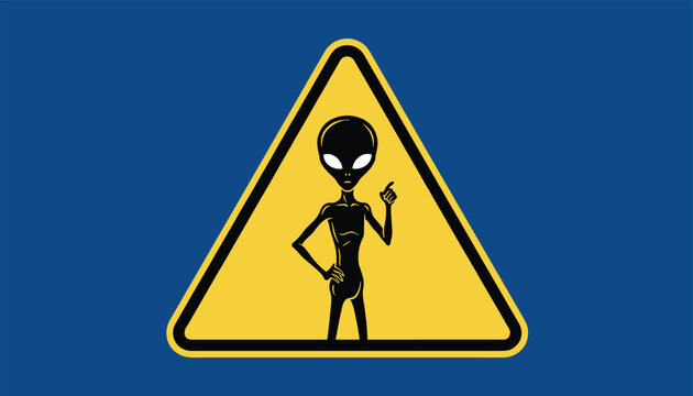 Triangular yellow warning sign depicting a grey alien pointing its finger, representing extraterrestrial danger and UFO themes.