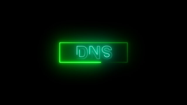 Glowing green dns text inside a neon rectangle on a black background, showing internet connection, network settings, technology, cybersecurity, and modern digital communication.