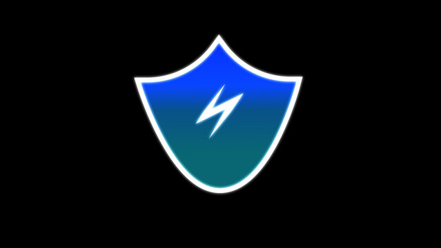 Shield icon modules center blue and teal neon data protection boundaries around lightning bolts. Cyber security server firewall configuration overviews look professional using this shield icon.