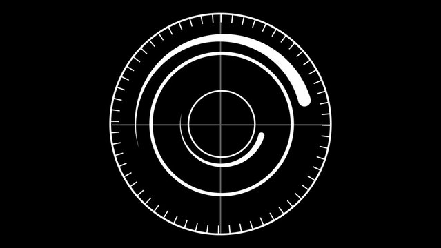 White circular interface graphic on a black background with rings, ticks and a clean futuristic dashboard look, ideal for technology, data or loading concepts