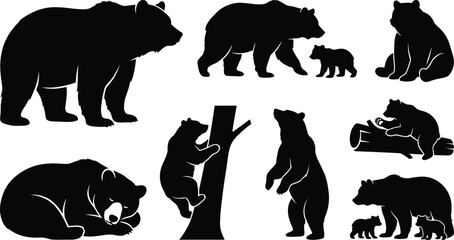 Bear Silhouette Collection with Adult Bears Cubs Standing Sleeping and Climbing Poses © MdSazzad