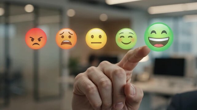 Customer satisfaction rating with emoji icons, hand selecting happy green face for feedback, user experience and service quality evaluation in office 4K video