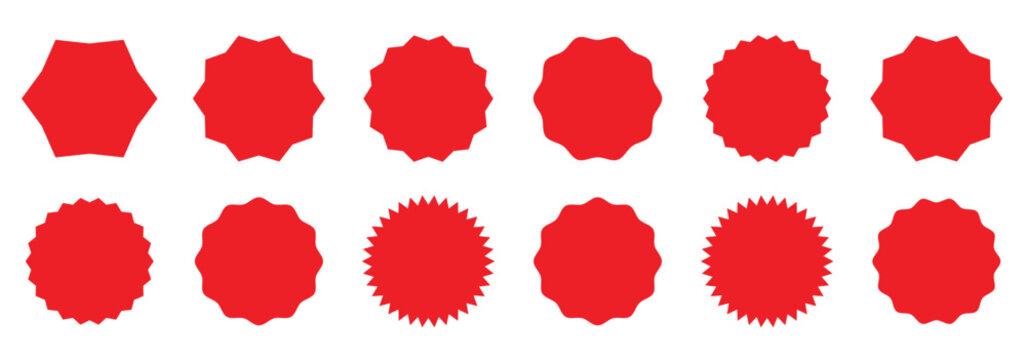 Set of red starburst, sunburst badges, Sale sticker, price tag, starburst icon set . vector star rosette badges. Promotion sale and shop offer labels, sunburst stamps and tag silhouettes for price tag