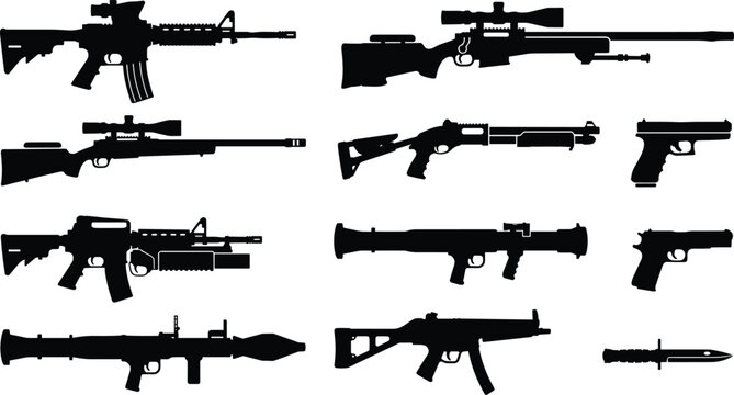 Weapon Silhouette Collection with Rifles Pistols Shotguns Sniper and Tactical Equipment Icons