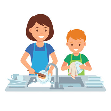 Mother and son washing dishes together vector illustration