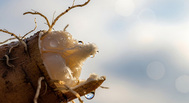 Fresh cassava root macro close up with water drops on cut surface and roots