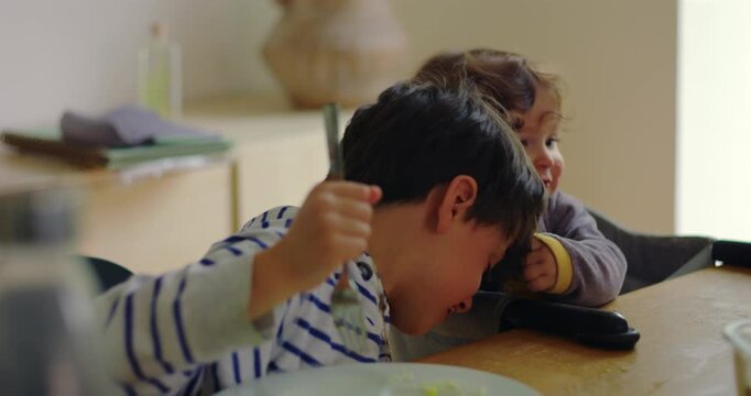 Toddler pulls older brother&rsquo;s hair during family meal at home dining table, showing sibling mischief, childhood conflict, boundary learning and authentic family dynamics