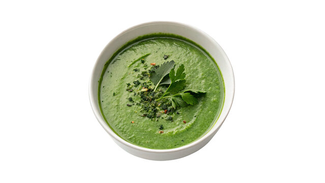 Healthy green spinach cream soup isolated on transparent background for vegetarian restaurant menu