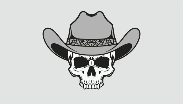 Graphic black and white illustration of a human skull wearing a classic grey cowboy hat, ideal for gothic or western designs.