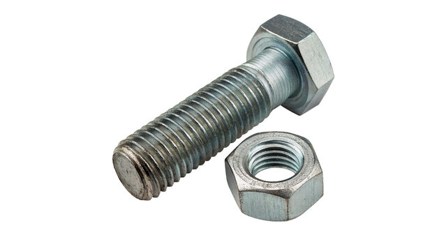 Metallic silver steel hex bolt with nut isolated on transparent background for industrial construction fastener