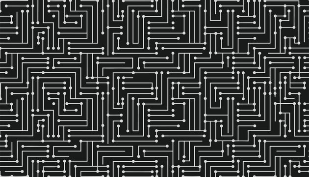 Seamless electronic circuit board pattern with high tech connection lines and nodes on a dark grey background.