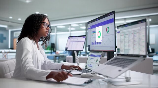 Healthcare Administrator Reviews Patient Records Using Laptop