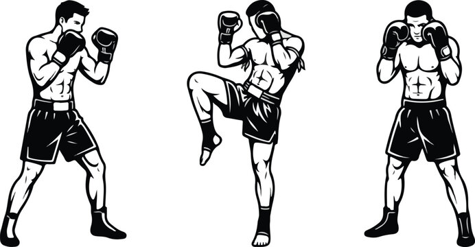 Boxing Fighter Vector Set with Guard Stance and Knee Strike Illustrations