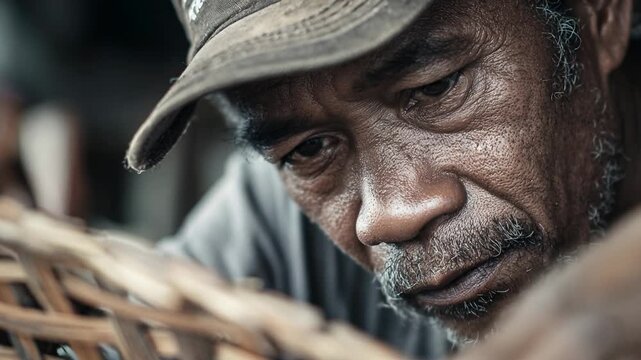 Close-up portrait of elderly Thai man weaving a basket by hand, focused expression and textured lighting. Concept of craftsmanship, manual work, tradition, experience and cultural heritage.