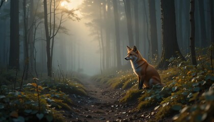 Fototapeta premium Fox in Misty Forest at Dawn