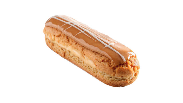 Fresh golden crispy traditional French eclair pastry isolated on transparent background for bakery sweet menu