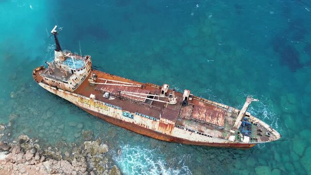 Top down drone view of the Edro III shipwreck, Cyprus