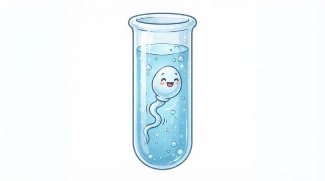 A cartoon sperm cell character is swimming happily in a test tube filled with clear water. Bubbles are present in the liquid.