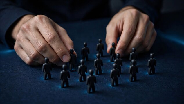 Hands arranging miniature person figurine, showing behavioral science, social influence, and human decision making in a controlled experiment.