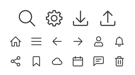 Fototapeta premium A collection of minimalist outline user interface icons for web and mobile applications, including search, settings, home, download, upload, and navigation symbols.