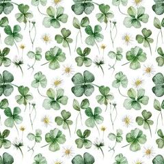 Fototapeta premium Seamless textured watercolor pattern of varied clovers and small daisies, hand-painted style, natural light green tones