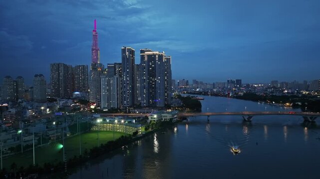 Saigon Skyline at Twilight with Landmark 81 and Riverside Bridge