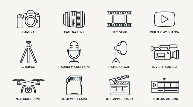 A collection of line art icons representing various photography and videography equipment and tools.