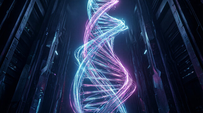 Dna helix light, glowing energy ribbons twisting upward through dark abstract space representing genetic science and futuristic technology concepts