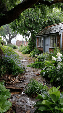 The backyard of a country house after a rainstorm and a hurricane, minor damage and a mess in the garden