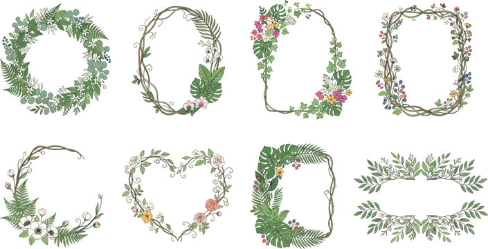Elegant botanical floral frame vector set with watercolor wildflower wreaths and rustic wood vine borders for invitations