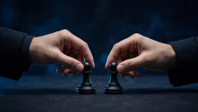 Two hands moving chess piece on chessboard symbolize competitive analysis, strategy, planning, and decisive action against a rival.