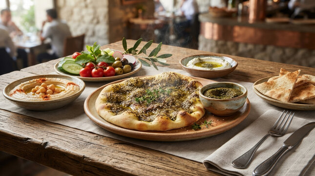Zaatar flatbread manakish served with hummus and fresh vegetables. Traditional Middle Eastern food on a rustic wooden restaurant table