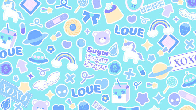 ゆめかわ ポップ ステッカー かわいい 女の子 配信 サムネイル バナー デザイン 背景 イラスト 
