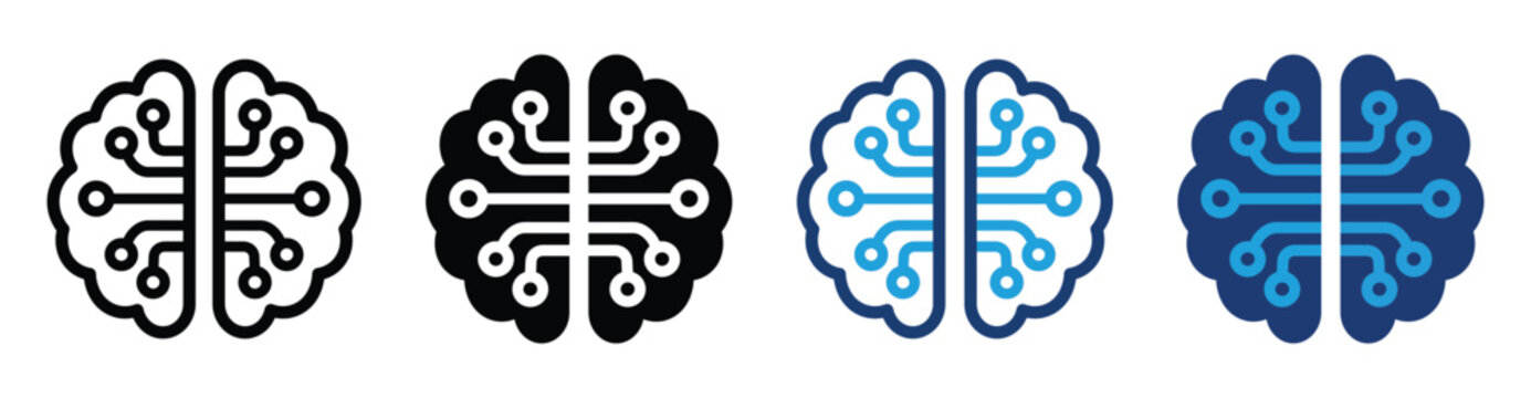 Ai brain icon set. Artificial intelligence, neural network, machine learning, digital mind, deep learning and technology symbol. Vector illustration isolated on transparent background