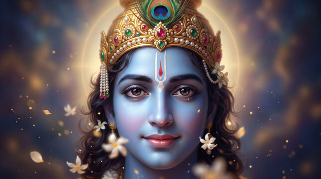 Symmetrical front portrait of Hindu deity Krishna wearing a floral garland and peacock feather crown in soft light