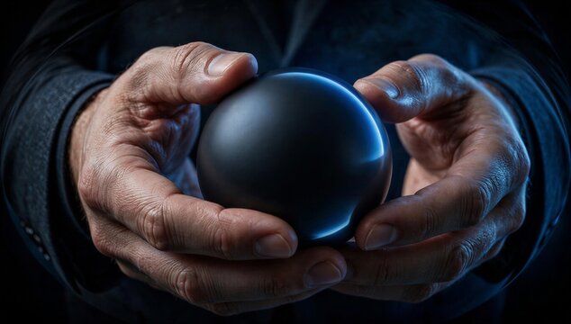 Hands cradle a glowing crystal ball, symbolizing perception, intuition, focus, and hidden insight.