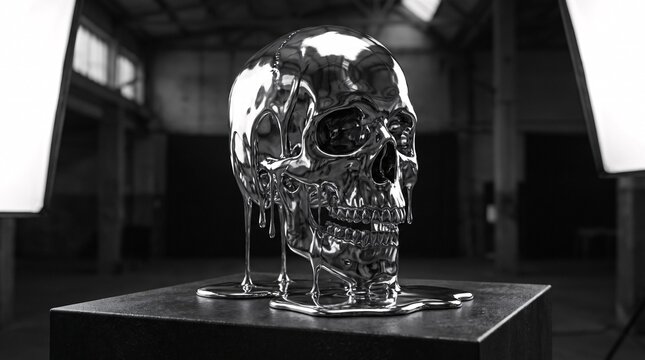A shiny human skull covered in molten liquid silver melting down on a dark background