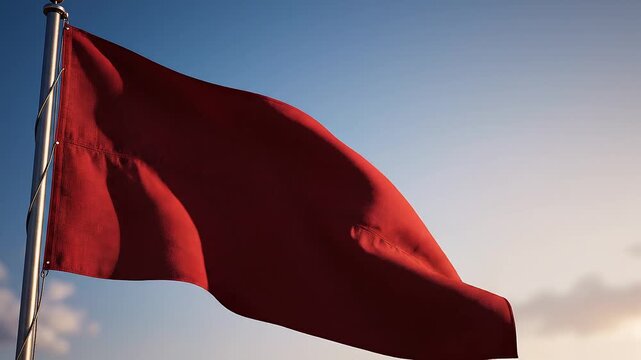 Red flag blowing in the wind against a soft sunset sky