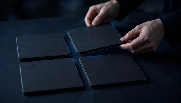 Hands place four black square tile in a swot matrix on a dark background, symbolizing strategic review of strength, weakness, opportunity and threat in business planning.
